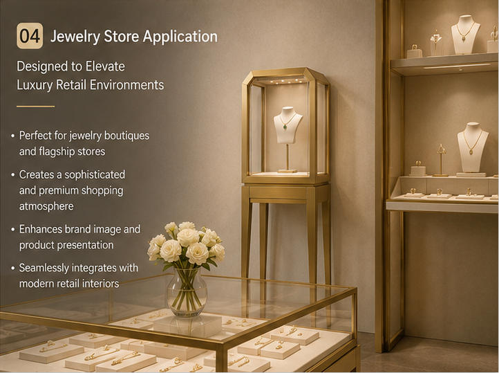 Gold Floor-Standing Jewelry Display Cabinet | Museum-Style Showcase 10 Floor-standing jewelry showcase in real jewelry store scene